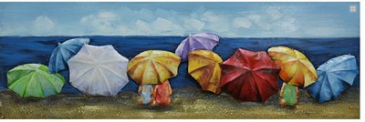 Metalen schilderij 3d Strand met parasols 30x90