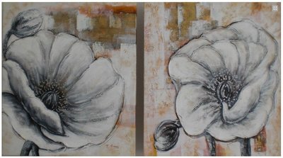 Tweeluik schilderij klaprozen wit 60cm