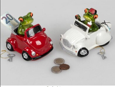 Beeldje kikker spaarpot auto wit